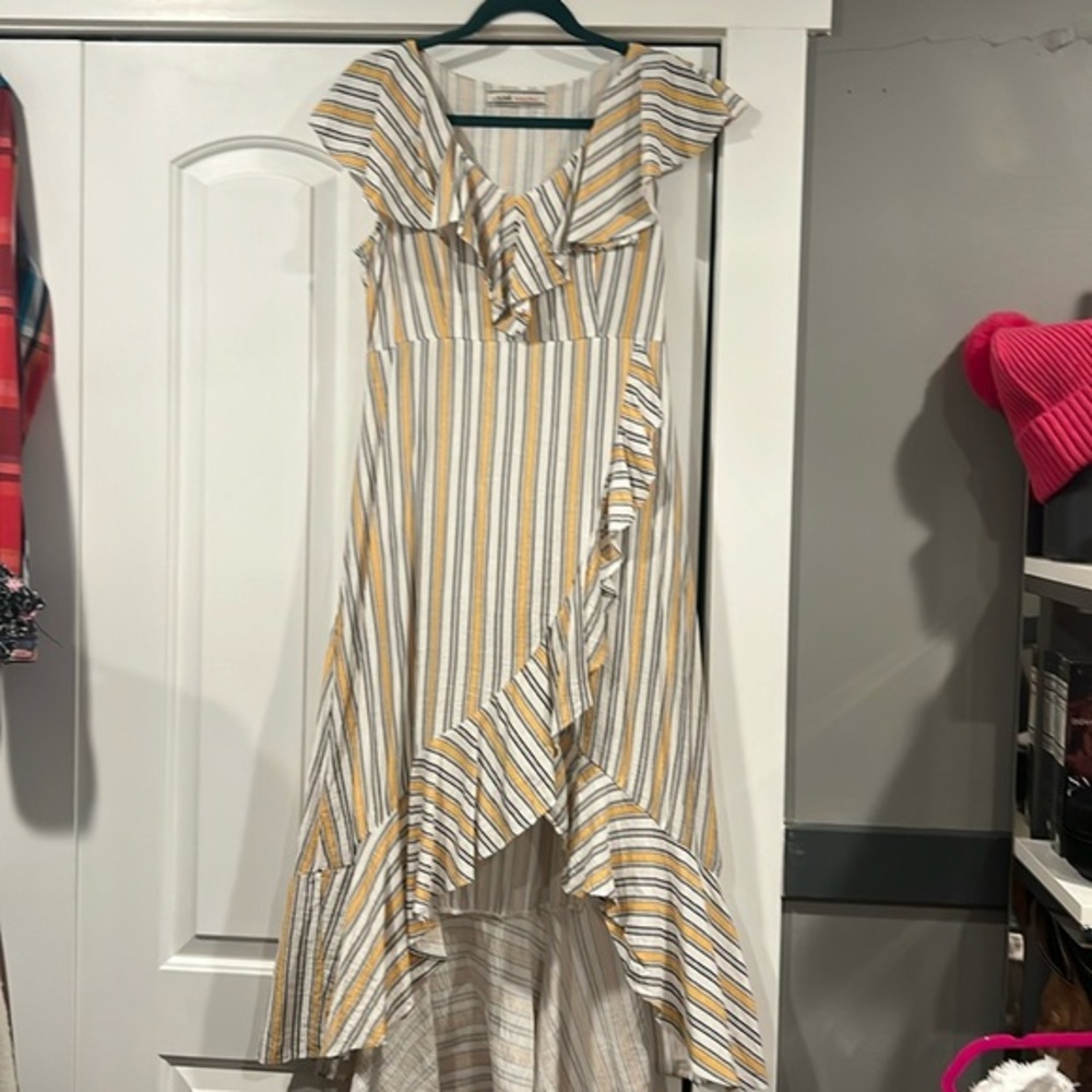 Flying Tomato Faux Wrap Striped Ruffle Hem Dress | Medium